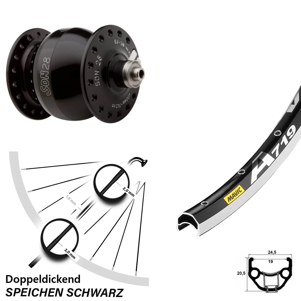 28 Zoll Nabendynamo Vorderrad Mavic A 719 Son 28 Schwarz 3 28 Zoll Nabendynamo Vorderrad Mavic A 719 Son 28 Schwarz