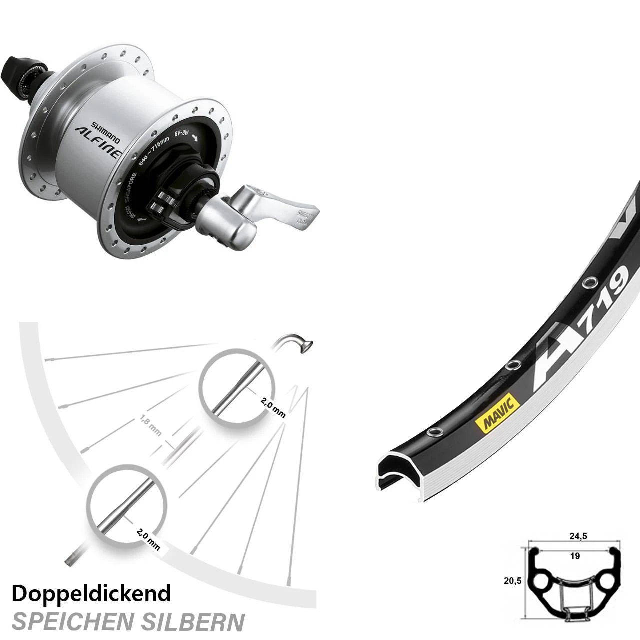 28 Zoll Vorderrad Mit Nabendynamo Mavic A 719 Shimano Alfine DH-S501 3 28 Zoll Vorderrad Mit Nabendynamo Mavic A 719 Shimano Alfine DH-S501