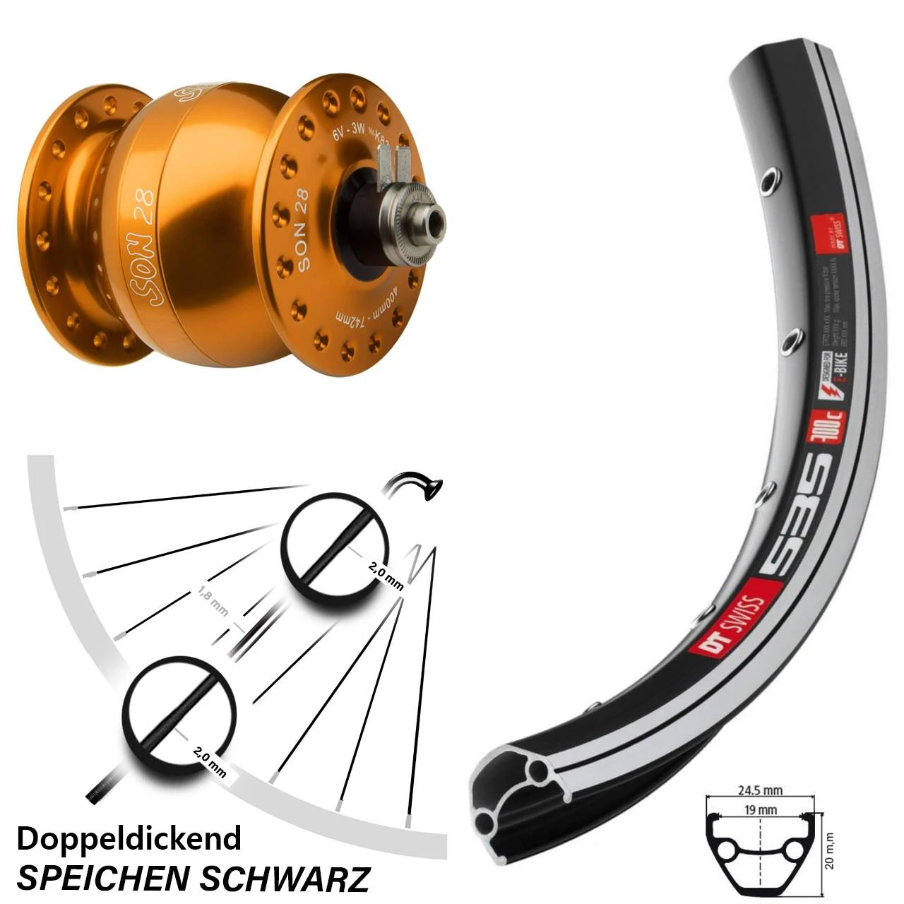 Dt-swiss 28 Zoll Vorderrad Mit Nabendynamo DT Swiss 535 Son 28 Orange 3 Dt-swiss 28 Zoll Vorderrad Mit Nabendynamo DT Swiss 535 Son 28 Orange