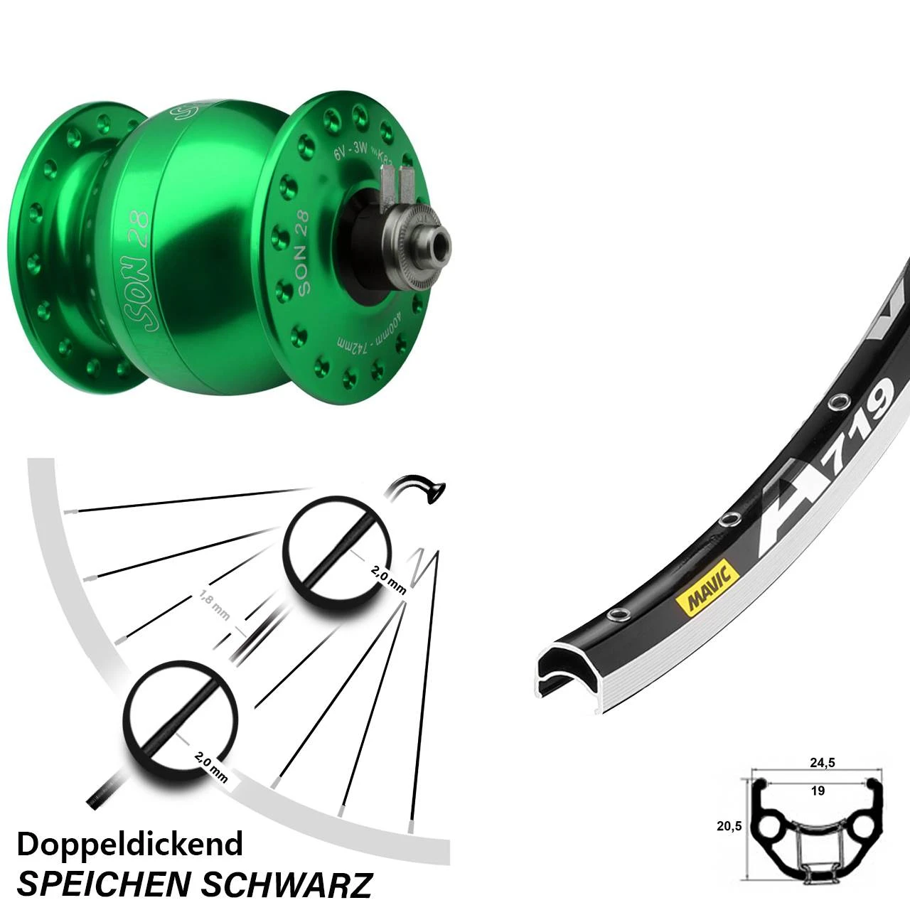 Vorderes Rad Mit Nabendynamo Son 28 Grün Eloxiert Mavic A 719 28 Zoll 3 Vorderes Rad Mit Nabendynamo Son 28 Grün Eloxiert Mavic A 719 28 Zoll