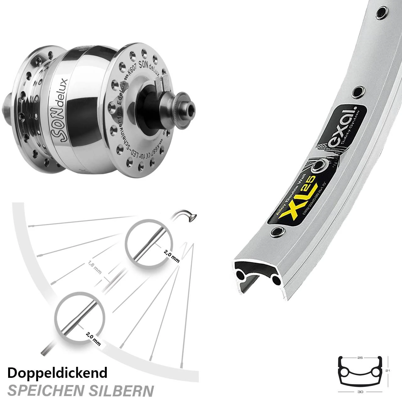 26 Zoll Nabendynamo Vorderrad Exal XL 25 Son Delux Silbern Poliert 3 26 Zoll Nabendynamo Vorderrad Exal XL 25 Son Delux Silbern Poliert