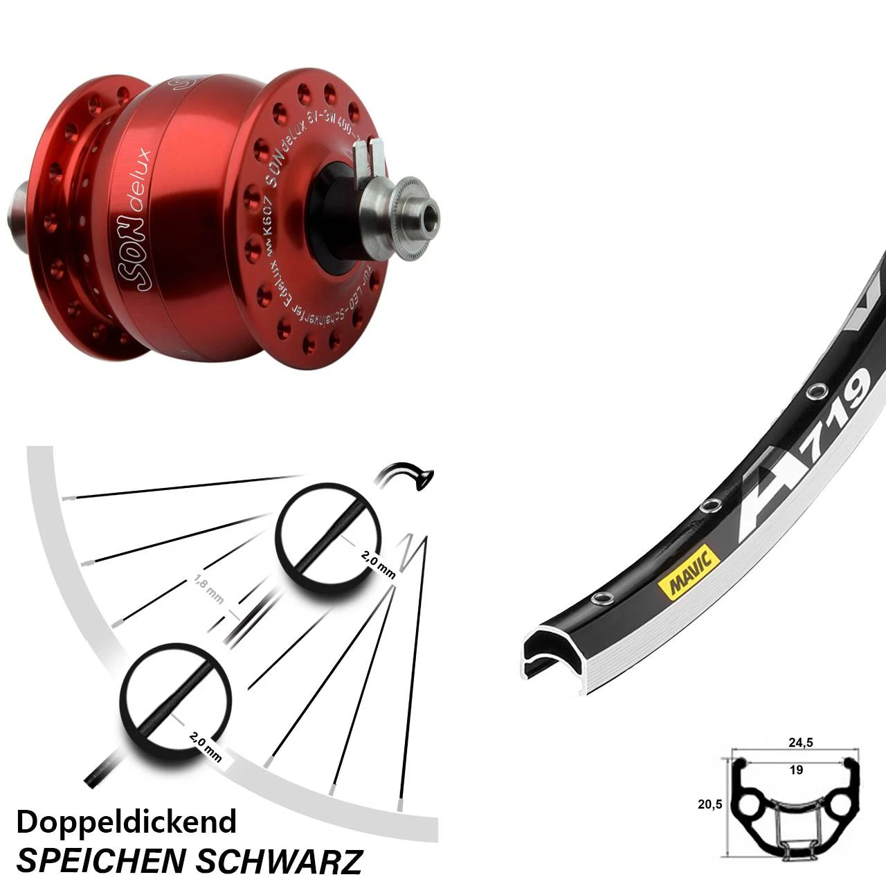 Vorderrad Fahrrad 28 Zoll Mavic A 719 SONdelux Rot 3 Vorderrad Fahrrad 28 Zoll Mavic A 719 SONdelux Rot