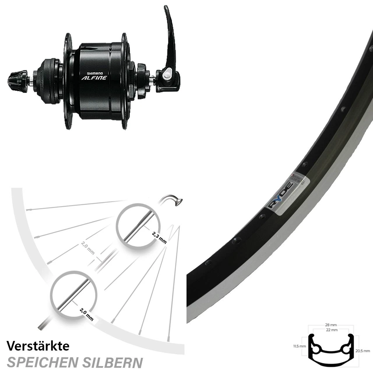 Shimano DH-3N72 Nabendynamo 27,5 Zoll Vorderrad Ryde Andra 35 Alfine DH-S501 3 Shimano DH-3N72 Nabendynamo 27,5 Zoll Vorderrad Ryde Andra 35 Alfine DH-S501
