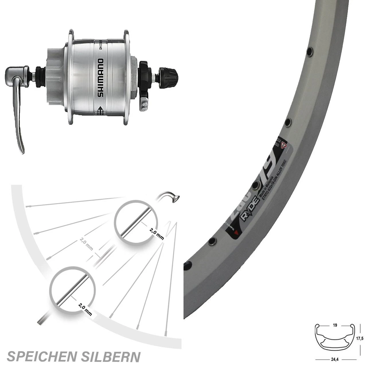 26 Zoll Vorderrad Ryde Zac 19 Nabendynamo DH-3D32-QR Disc 6-Loch 3 26 Zoll Vorderrad Ryde Zac 19 Nabendynamo DH-3D32-QR Disc 6-Loch