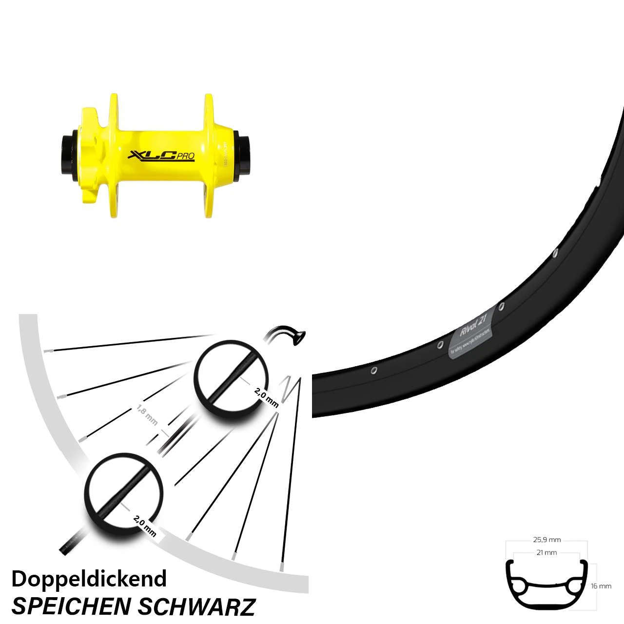 Vorderrad 29 Zoll Ryde Rival 21 XLC Pro Gelb Steckachse 3 Vorderrad 29 Zoll Ryde Rival 21 XLC Pro Gelb Steckachse