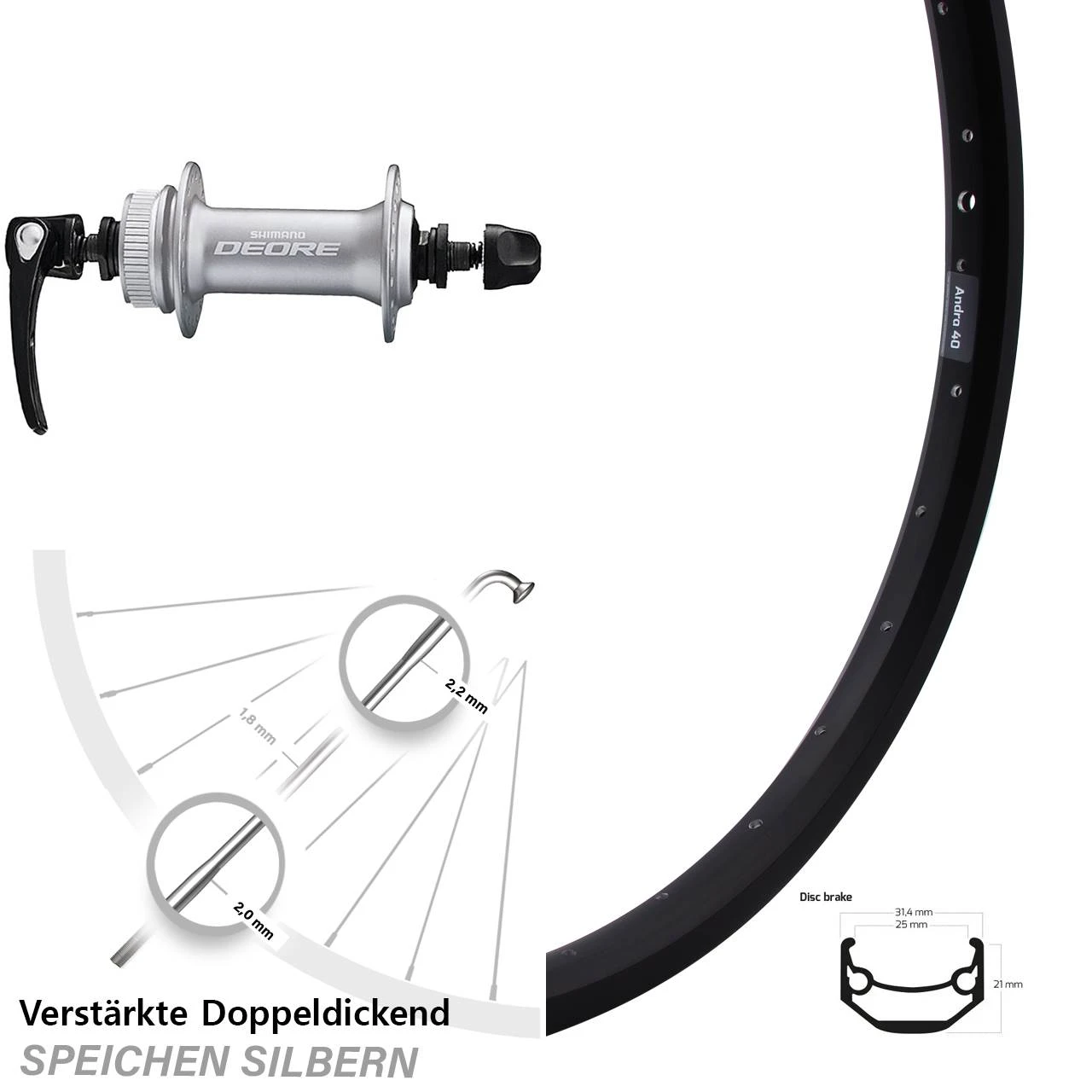 28 Zoll Vorderrad Ryde Andra 40 Disc Mit Nabe Shimano HB-M6000 Silbern 3 28 Zoll Vorderrad Ryde Andra 40 Disc Mit Nabe Shimano HB-M6000 Silbern