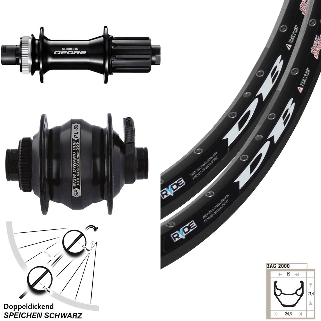 28 Zoll Laufradsatz Dynamo 15 Mm Shutter Precision PL-8X Shimano Deore 142 Mm Ryde ZAC2000 3 28 Zoll Laufradsatz Dynamo 15 Mm Shutter Precision PL-8X Shimano Deore 142 Mm Ryde ZAC2000