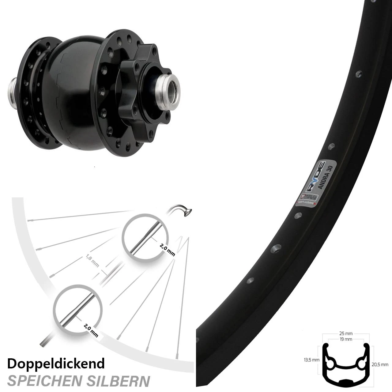 28-29 Zoll Vorderrad Ryde Andra 30 Son 28-12 6-Loch Nabendynamo 3 28-29 Zoll Vorderrad Ryde Andra 30 Son 28-12 6-Loch Nabendynamo