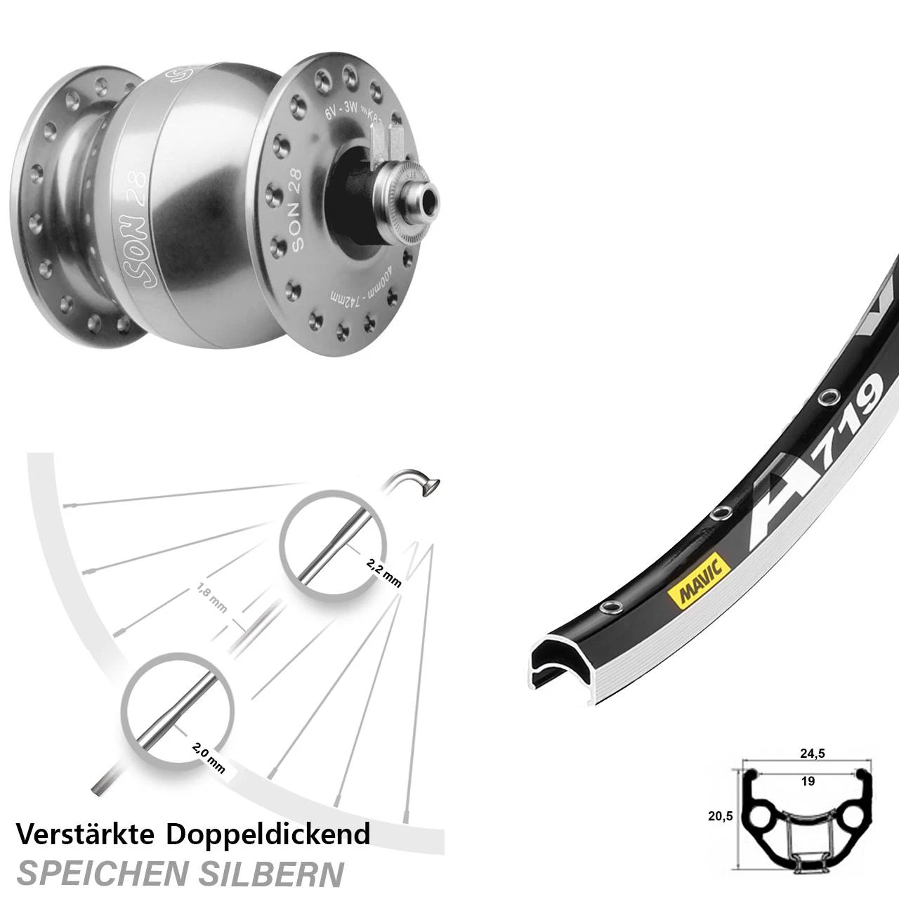 Nabendynamo Vorderrad Son 28 Silbern Eloxiert 28 Zoll Mavic A 719 3 Nabendynamo Vorderrad Son 28 Silbern Eloxiert 28 Zoll Mavic A 719