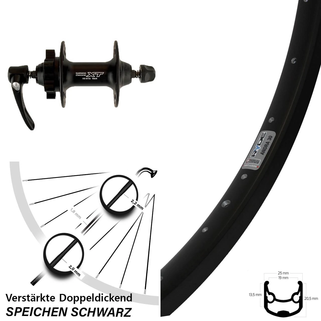 28/29 Zoll Vorderrad Shimano Deore XT HB-M756 Ryde Andra 30 Disc 3 28/29 Zoll Vorderrad Shimano Deore XT HB-M756 Ryde Andra 30 Disc