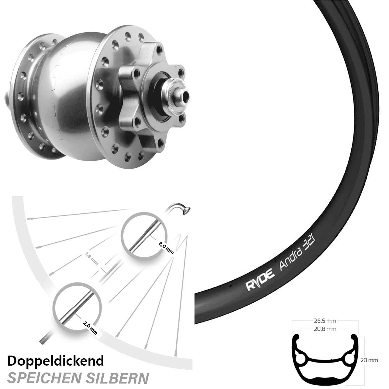 Son 28 Zoll Silbern 6-Loch Nabendynamo Vorderrad Ryde Andra 321 3 Son 28 Zoll Silbern 6-Loch Nabendynamo Vorderrad Ryde Andra 321