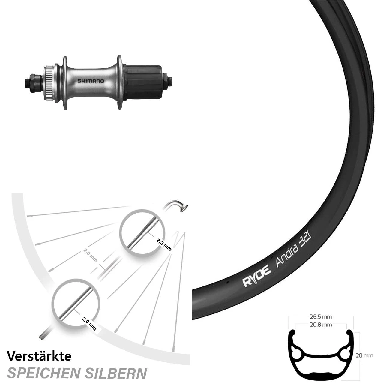 26 Zoll Hinterrad Ryde Andra 321 Mit Shimano Alivio FH-M4050 Nabe 3 26 Zoll Hinterrad Ryde Andra 321 Mit Shimano Alivio FH-M4050 Nabe
