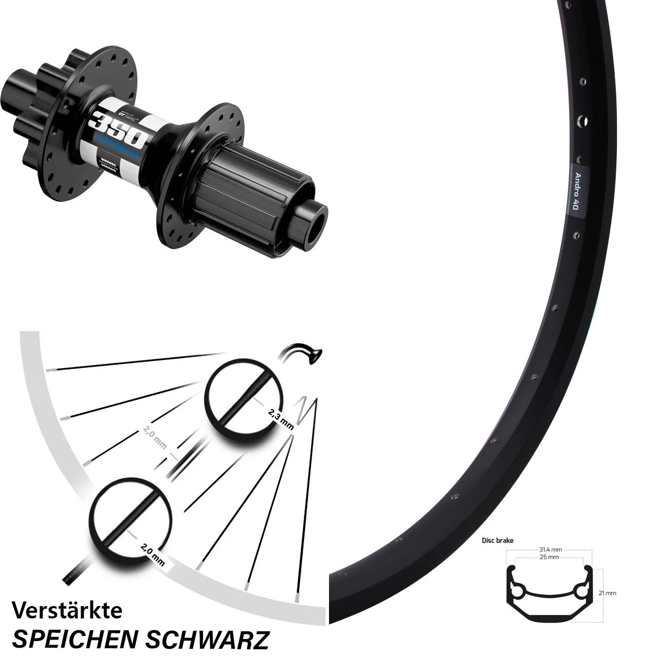 20 Zoll Hinterrad DT Swiss 350 Hybrid Steckachse Ryde Andra 40 Disc 3 20 Zoll Hinterrad DT Swiss 350 Hybrid Steckachse Ryde Andra 40 Disc