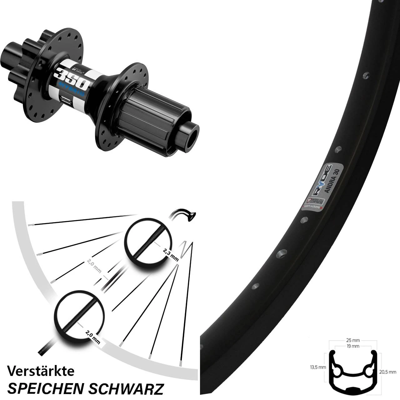Ryde Andra 30 Disc Hinterrad 26 Zoll DT Swiss 350 Hybrid Steckachse Nabe 3 Ryde Andra 30 Disc Hinterrad 26 Zoll DT Swiss 350 Hybrid Steckachse Nabe