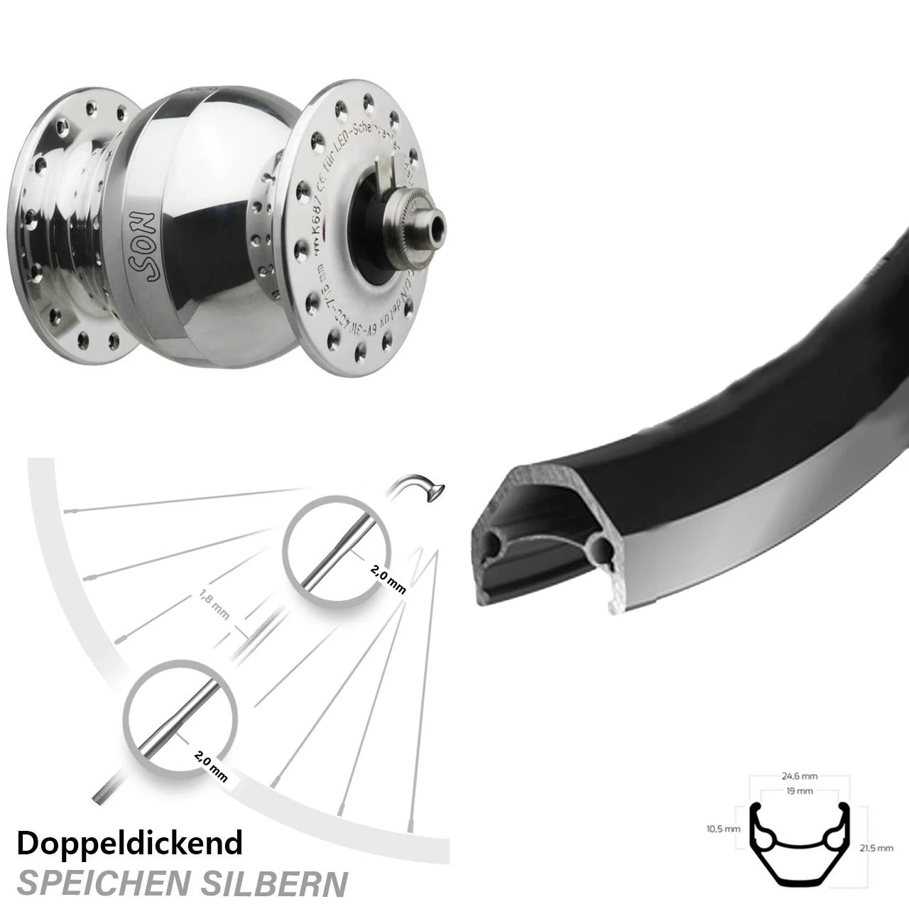 SON Delux Wide Body Ryde ZAC 2000 Vorderrad 28 Zoll Dynamo Silbern Poliert 3 SON Delux Wide Body Ryde ZAC 2000 Vorderrad 28 Zoll Dynamo Silbern Poliert