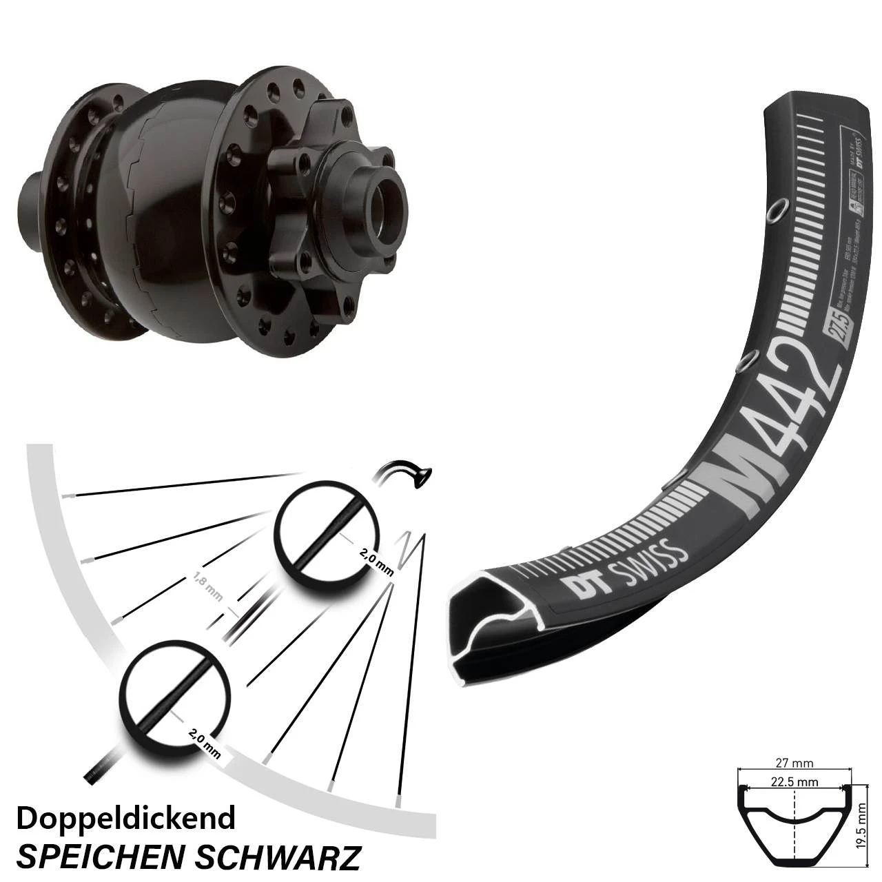 Dt-swiss Vorderrad 27,5 Zoll DT Swiss M 442 Steckachse 15x100 Mm SON 28 Nabendynamo 6-Loch 3 Dt-swiss Vorderrad 27,5 Zoll DT Swiss M 442 Steckachse 15x100 Mm SON 28 Nabendynamo 6-Loch