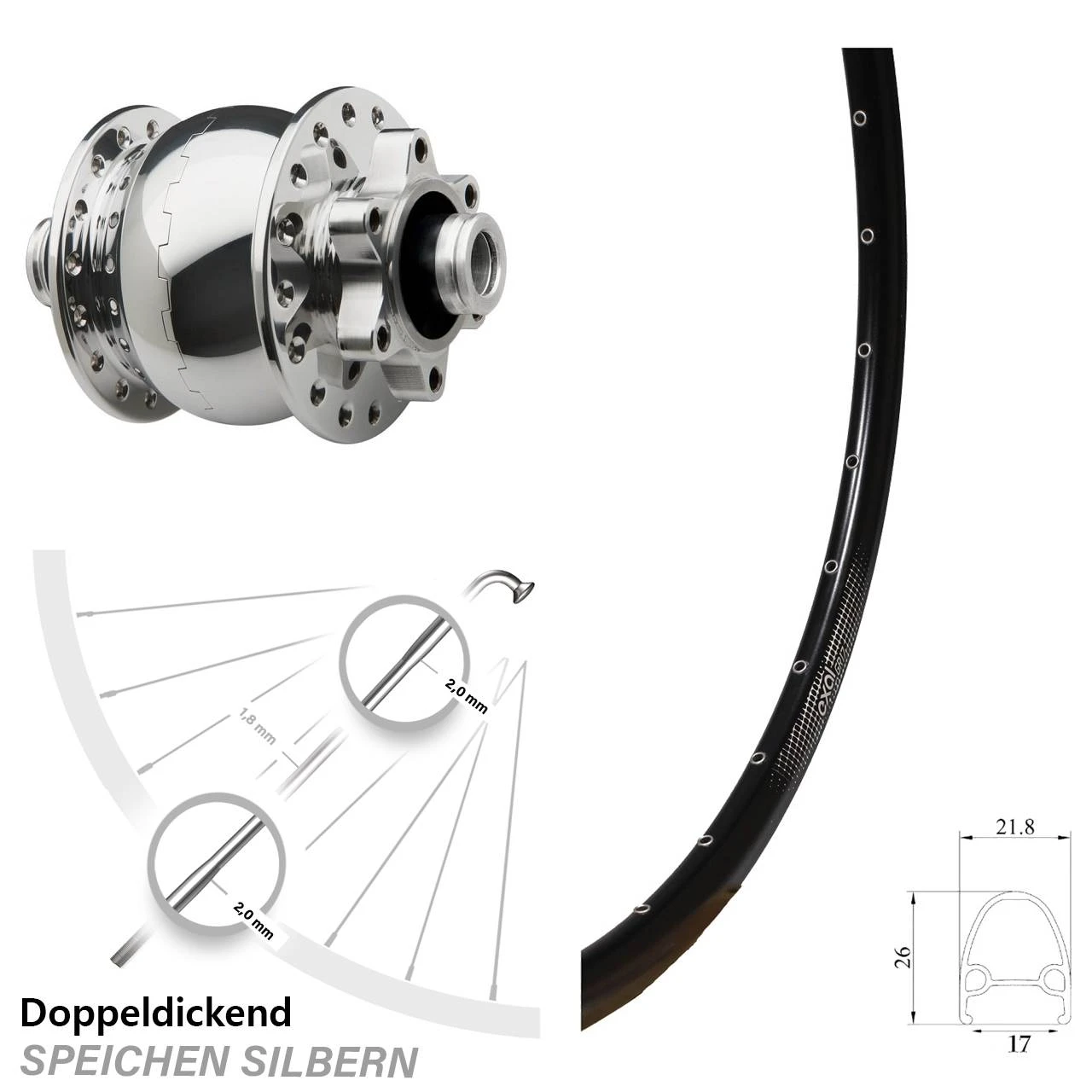 28 Zoll Vorderes Rad Nabendynamo Exal GR 17 SON 28-12 Disc 6-Loch Silbern Poliert 3 28 Zoll Vorderes Rad Nabendynamo Exal GR 17 SON 28-12 Disc 6-Loch Silbern Poliert