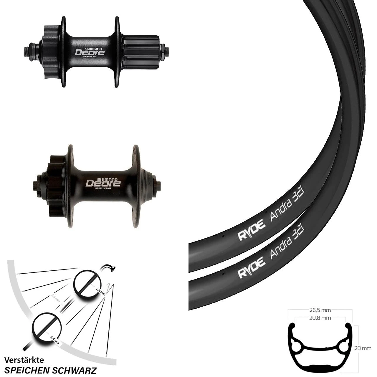 Laufradsatz 26 Zoll Shimano Deore 525 Schnellspanner Ryde Andra 321 Disc 6-loch 3 Laufradsatz 26 Zoll Shimano Deore 525 Schnellspanner Ryde Andra 321 Disc 6-loch