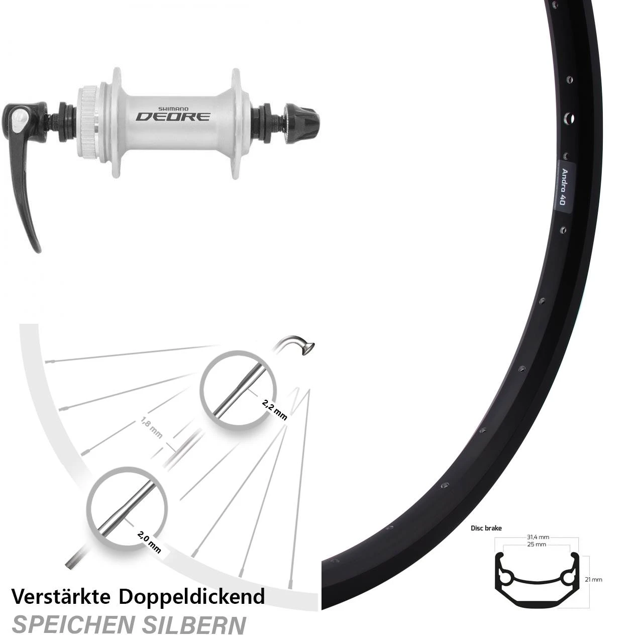 28 Zoll Vorderrad Ryde Andra 40 Disc Mit Nabe Shimano HB-M595 Silbern 3 28 Zoll Vorderrad Ryde Andra 40 Disc Mit Nabe Shimano HB-M595 Silbern