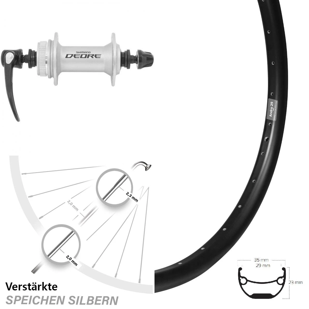 Ryde Andra 29 Disc Vorderrad 24 Zoll Mit Shimano Deore HB-M595 Nabe Silbern 3 Ryde Andra 29 Disc Vorderrad 24 Zoll Mit Shimano Deore HB-M595 Nabe Silbern