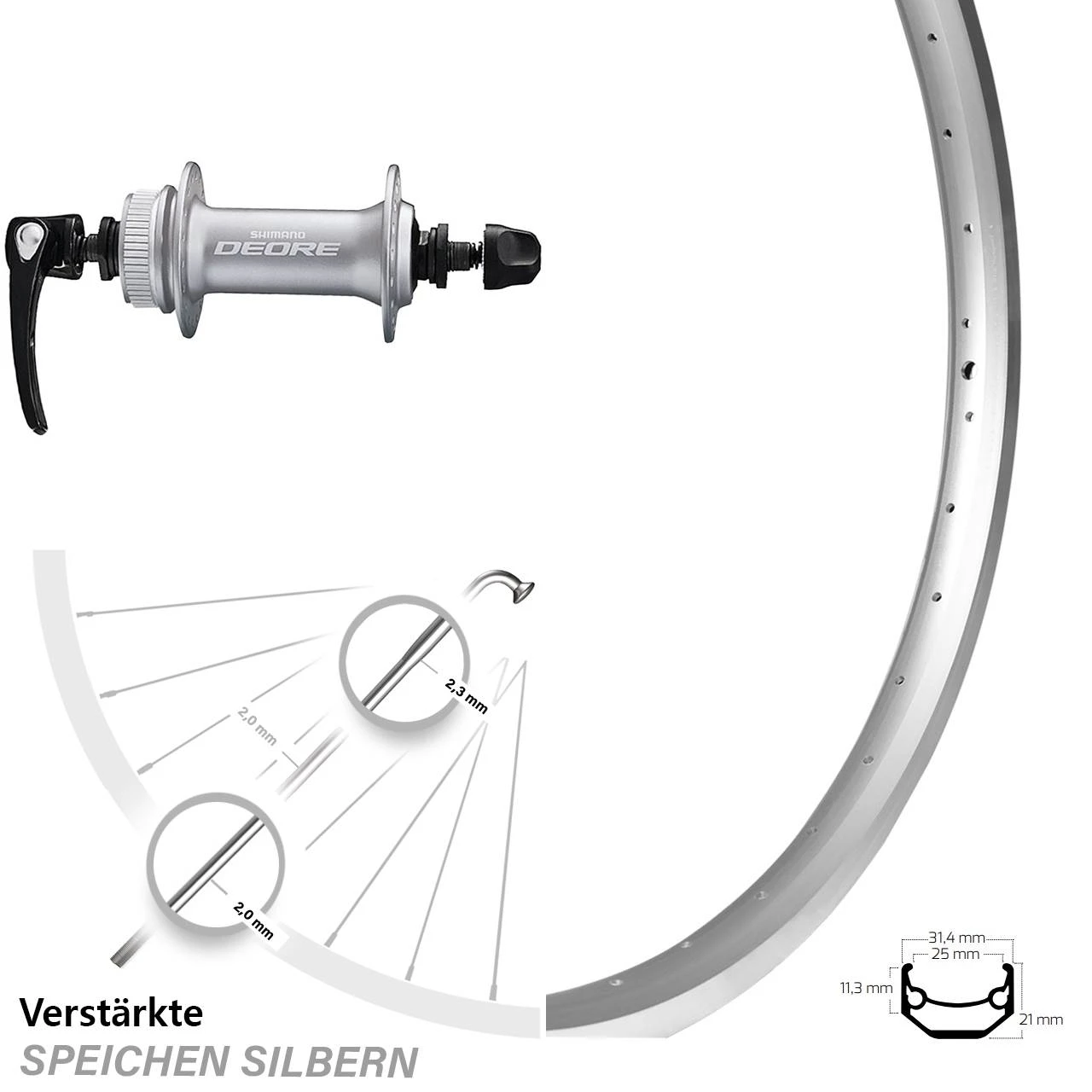 Silbernes 24 Zoll Vorderrad Ryde Andra 40 Mit Shimano Deore HB-M6000 3 Silbernes 24 Zoll Vorderrad Ryde Andra 40 Mit Shimano Deore HB-M6000