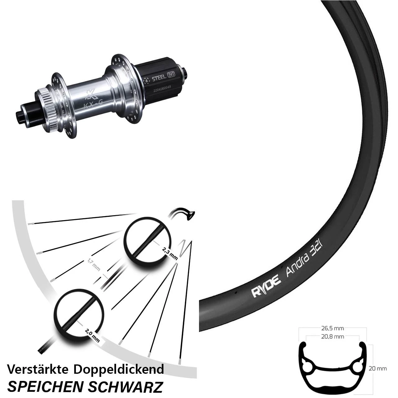 26 Zoll Hinterrad Ryde Andra 321 Mit KX-GS 5x135 Centerlock Nabe Silbern Eloxiert 3 26 Zoll Hinterrad Ryde Andra 321 Mit KX-GS 5x135 Centerlock Nabe Silbern Eloxiert