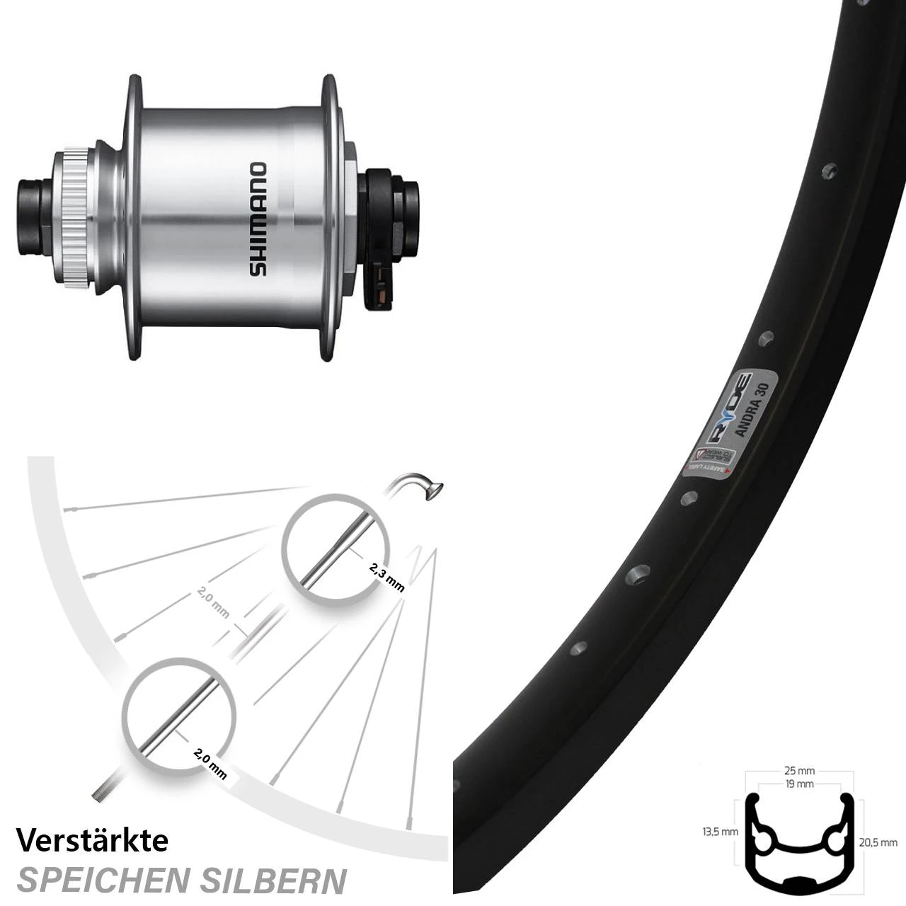 Nabendynamolaufrad Shimano DH-UR708-3D Steckachse Ryde Andra 30 Disc 26 Zoll Centerlock 3 Nabendynamolaufrad Shimano DH-UR708-3D Steckachse Ryde Andra 30 Disc 26 Zoll Centerlock