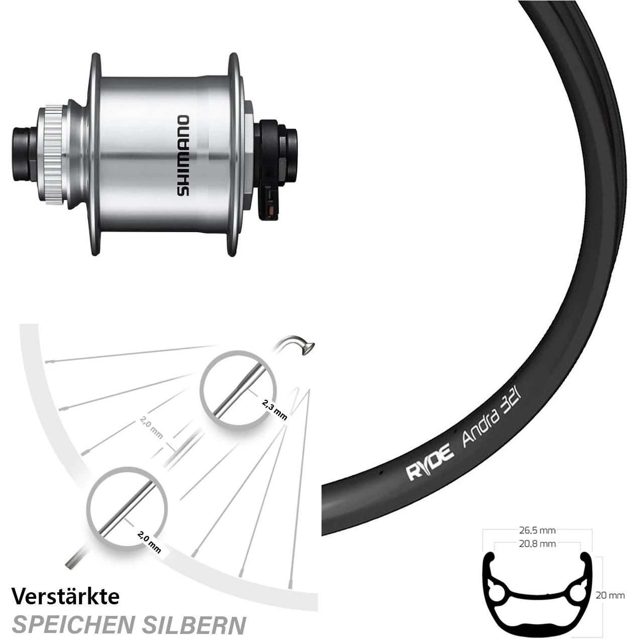 28-29 Zoll Vorderrad Nabendynamo Ryde Andra 321 Shimano DH-UR708-3D 15x100 Mm 3 28-29 Zoll Vorderrad Nabendynamo Ryde Andra 321 Shimano DH-UR708-3D 15x100 Mm