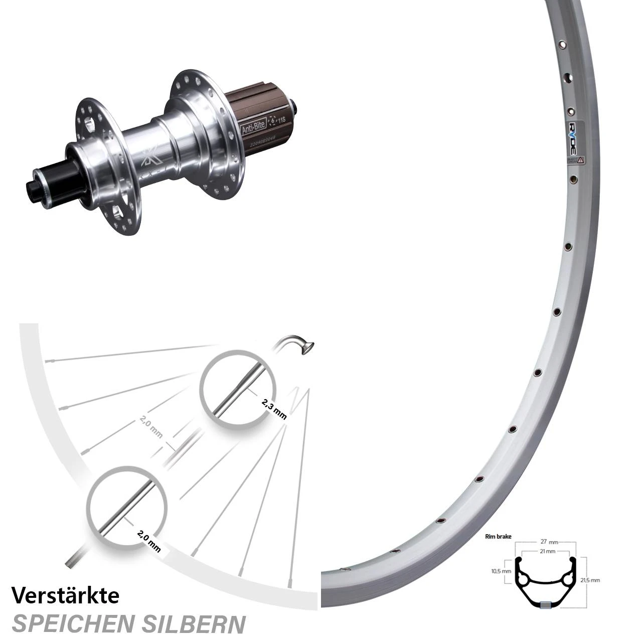 27,5 Zoll Hinterrad KX-T 135 Mm Silbern Eloxiert Ryde ZAC 421 3 27,5 Zoll Hinterrad KX-T 135 Mm Silbern Eloxiert Ryde ZAC 421