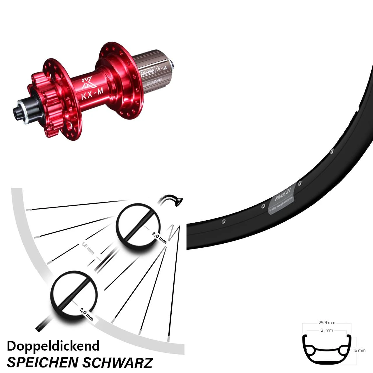 29 Zoll Hinterrad Ryde Rival 21 Mit KX-M HR 6-loch Nabe Rot-eloxiert 3 29 Zoll Hinterrad Ryde Rival 21 Mit KX-M HR 6-loch Nabe Rot-eloxiert