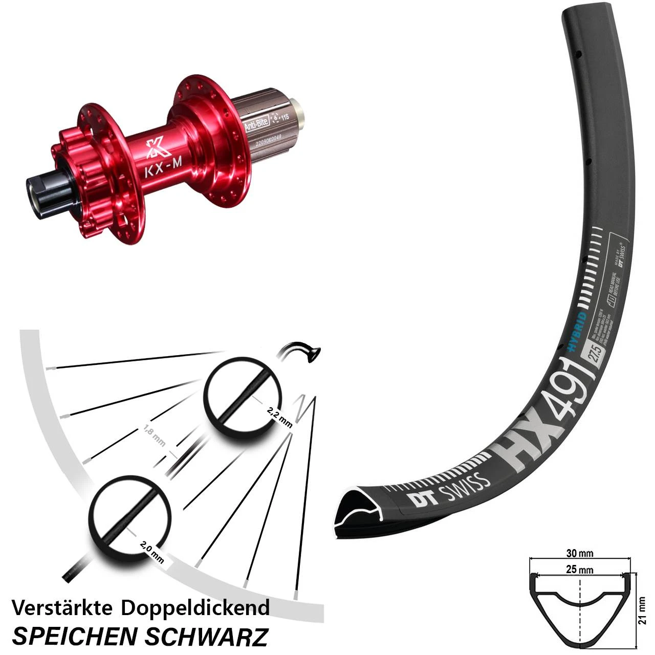 Dt-swiss 29 Zoll Hinterrad KX-M Nabe Rot Eloxiert Steckachse DT Swiss HX 491 3 Dt-swiss 29 Zoll Hinterrad KX-M Nabe Rot Eloxiert Steckachse DT Swiss HX 491