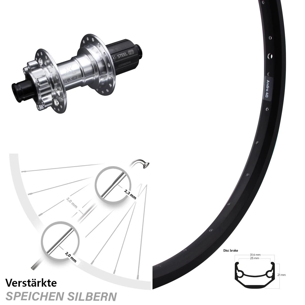 28-29 Zoll Hinterrad KX-E Nabe Silbern-eloxiert 12x142 Mm Ryde Andra 40 Disc 3 28-29 Zoll Hinterrad KX-E Nabe Silbern-eloxiert 12x142 Mm Ryde Andra 40 Disc