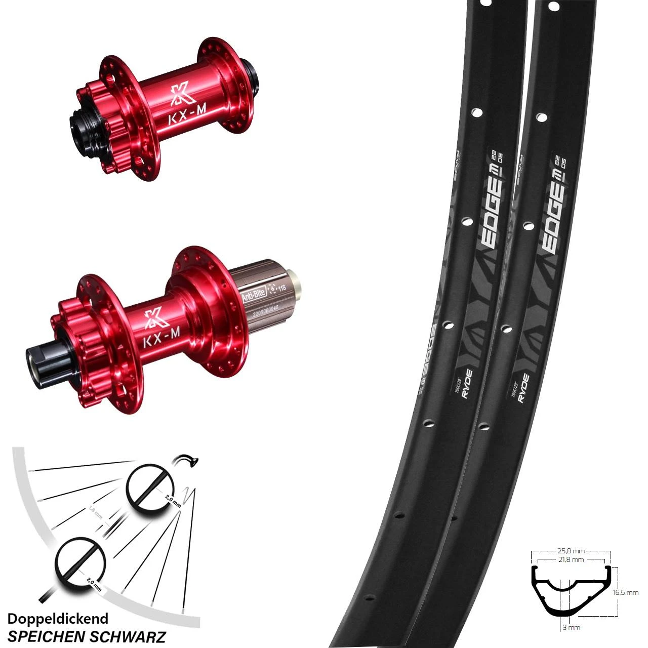 29 Zoll Laufradsatz KX-M Rot Eloxiert Ryde Edge M22 15x100 12x142 Mm 3 29 Zoll Laufradsatz KX-M Rot Eloxiert Ryde Edge M22 15x100 12x142 Mm