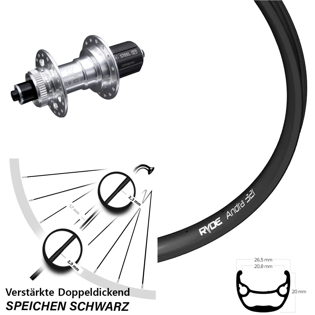 Ryde Andra 321 Hinterrad 26 Zoll Centerlock Verstärkt KX-E Silbern 3 Ryde Andra 321 Hinterrad 26 Zoll Centerlock Verstärkt KX-E Silbern