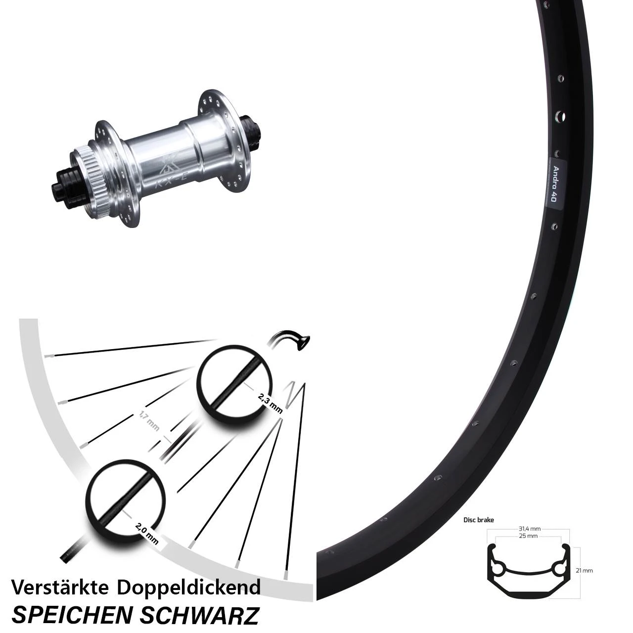 Verstärktes 20 Zoll Vorderrad Ryde Andra 40 Disc KX-E 5x100 Nabe Silbern-eloxiert 3 Verstärktes 20 Zoll Vorderrad Ryde Andra 40 Disc KX-E 5x100 Nabe Silbern-eloxiert