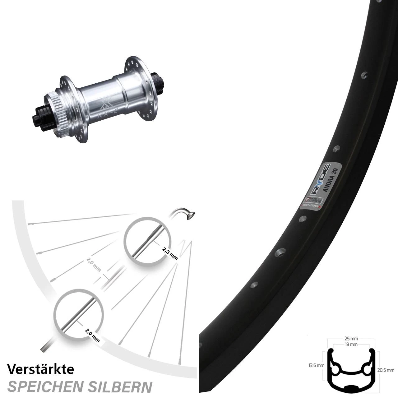 26 Zoll Vorderrad KX-E Nabe 5x100 Mm Silbern Eloxiert Ryde Andra 30 Disc Centerlock 3 26 Zoll Vorderrad KX-E Nabe 5x100 Mm Silbern Eloxiert Ryde Andra 30 Disc Centerlock