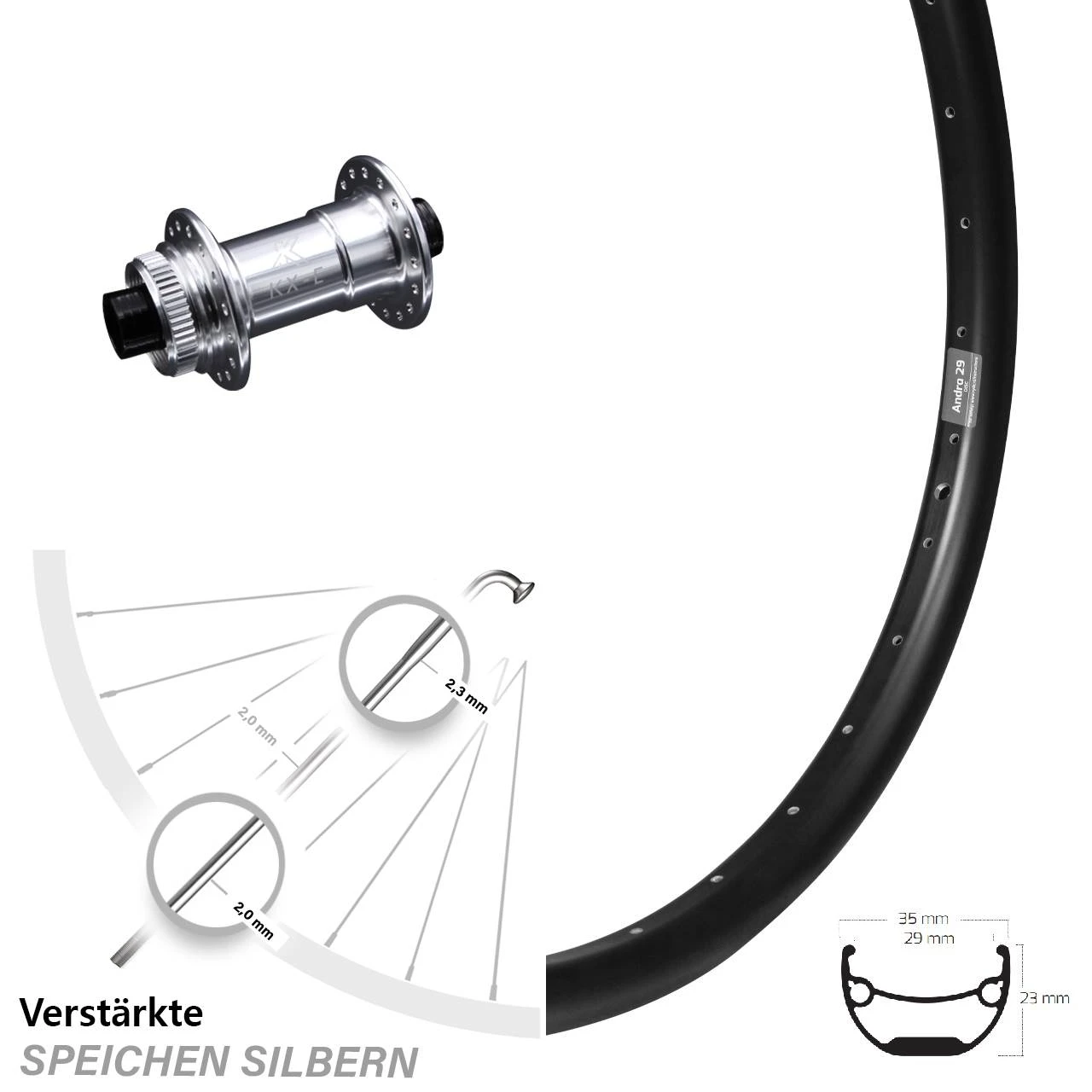 Vorderrad 24 Zoll Mit KX-E Nabe Silbern Centerlock 15x100 Mm Ryde Andra 29 Disc 3 Vorderrad 24 Zoll Mit KX-E Nabe Silbern Centerlock 15x100 Mm Ryde Andra 29 Disc