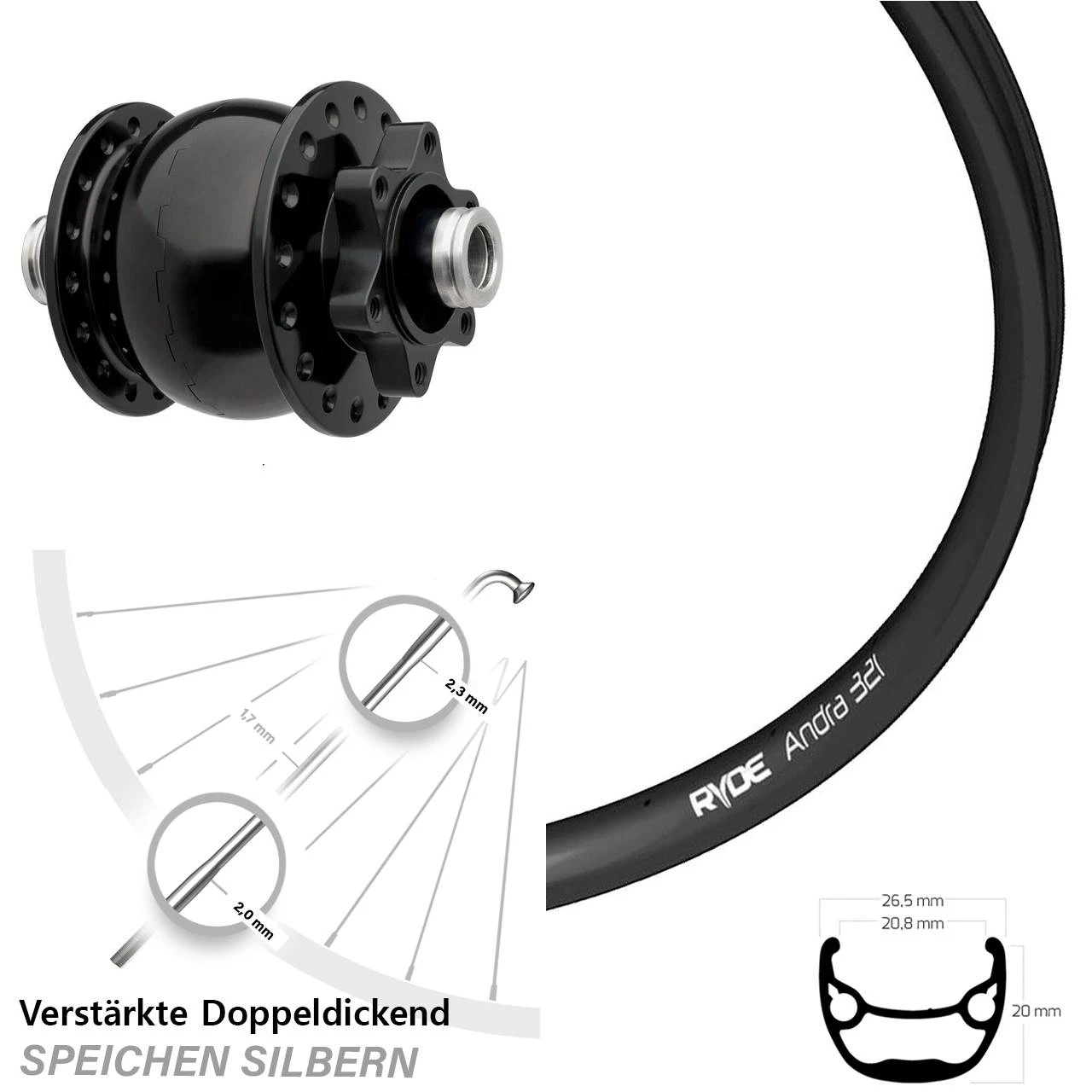Vorderrad Bikepacking 28-29 Zoll Nabendynamo SON 28-12 Ryde Andra 321 Steckachse 3 Vorderrad Bikepacking 28-29 Zoll Nabendynamo SON 28-12 Ryde Andra 321 Steckachse