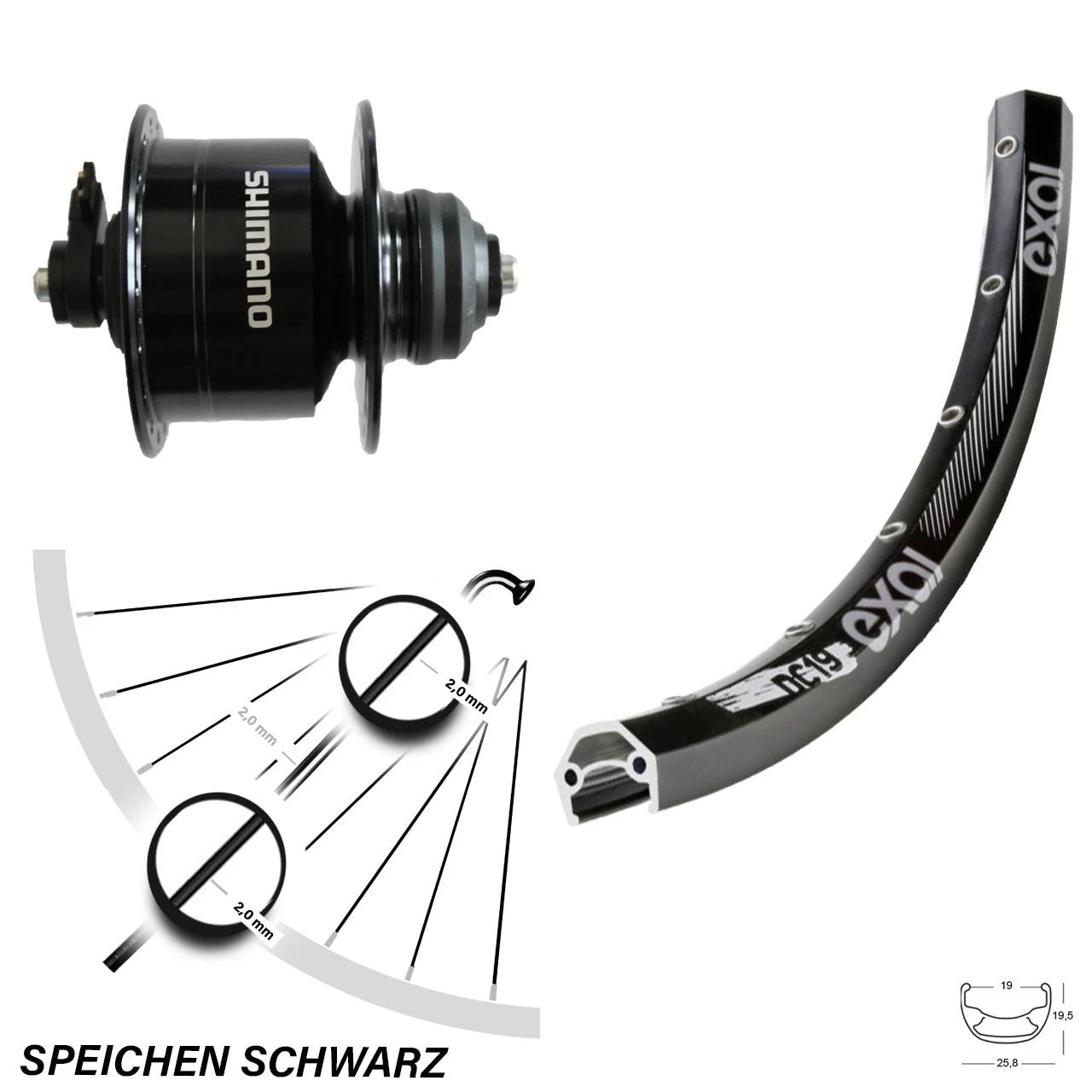 MTB Vorderrad 29 Zoll Exal Shimano DH3D72 Nabendynamo Schwarz 3 MTB Vorderrad 29 Zoll Exal Shimano DH3D72 Nabendynamo Schwarz