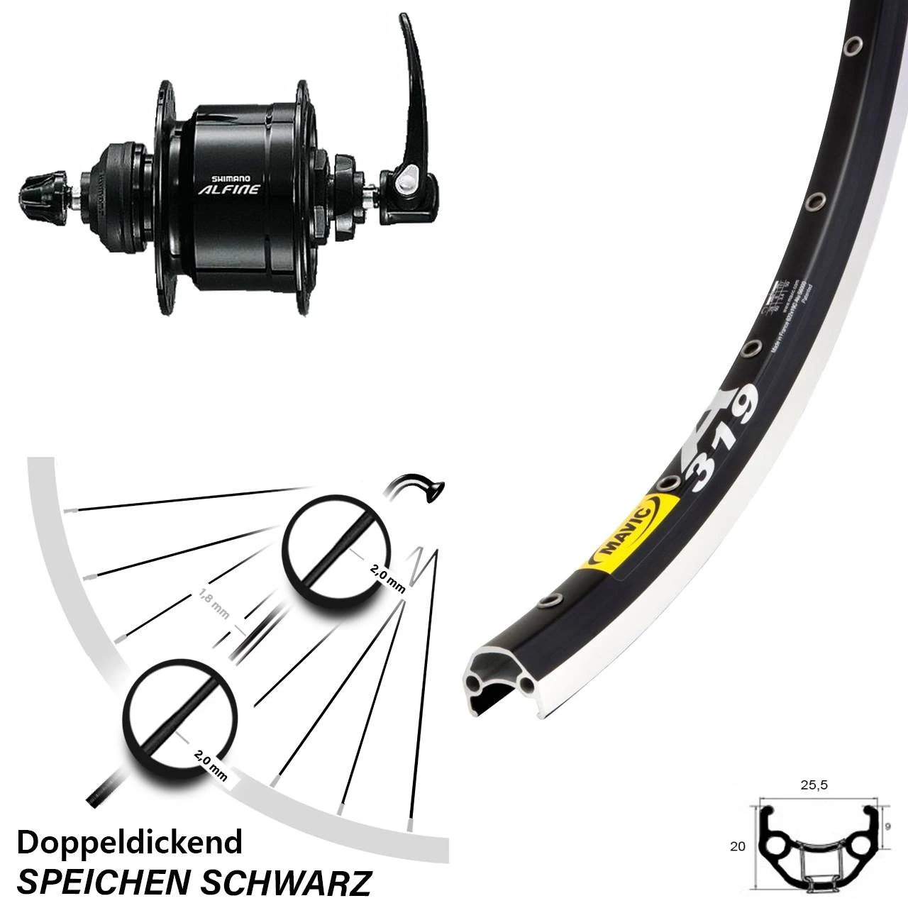 Shimano Alfine Nabendynamo Vorderrad 28 Zoll Mavic A-319 Schwarz 3 Shimano Alfine Nabendynamo Vorderrad 28 Zoll Mavic A-319 Schwarz