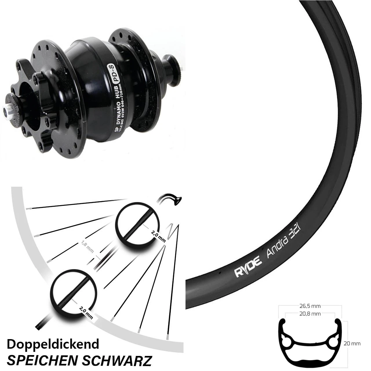 Vorderes Laufrad 26 Zoll Ryde Andra 321 Schwarz Shutter PD8 Nabendynamo 6-Loch 3 Vorderes Laufrad 26 Zoll Ryde Andra 321 Schwarz Shutter PD8 Nabendynamo 6-Loch