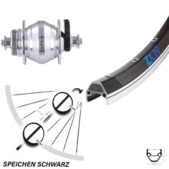 Vorderrad 26 Zoll Exal ZX19 Doppelt Geöst Mit Nabendynamo Shutter PL-8 Schwarz