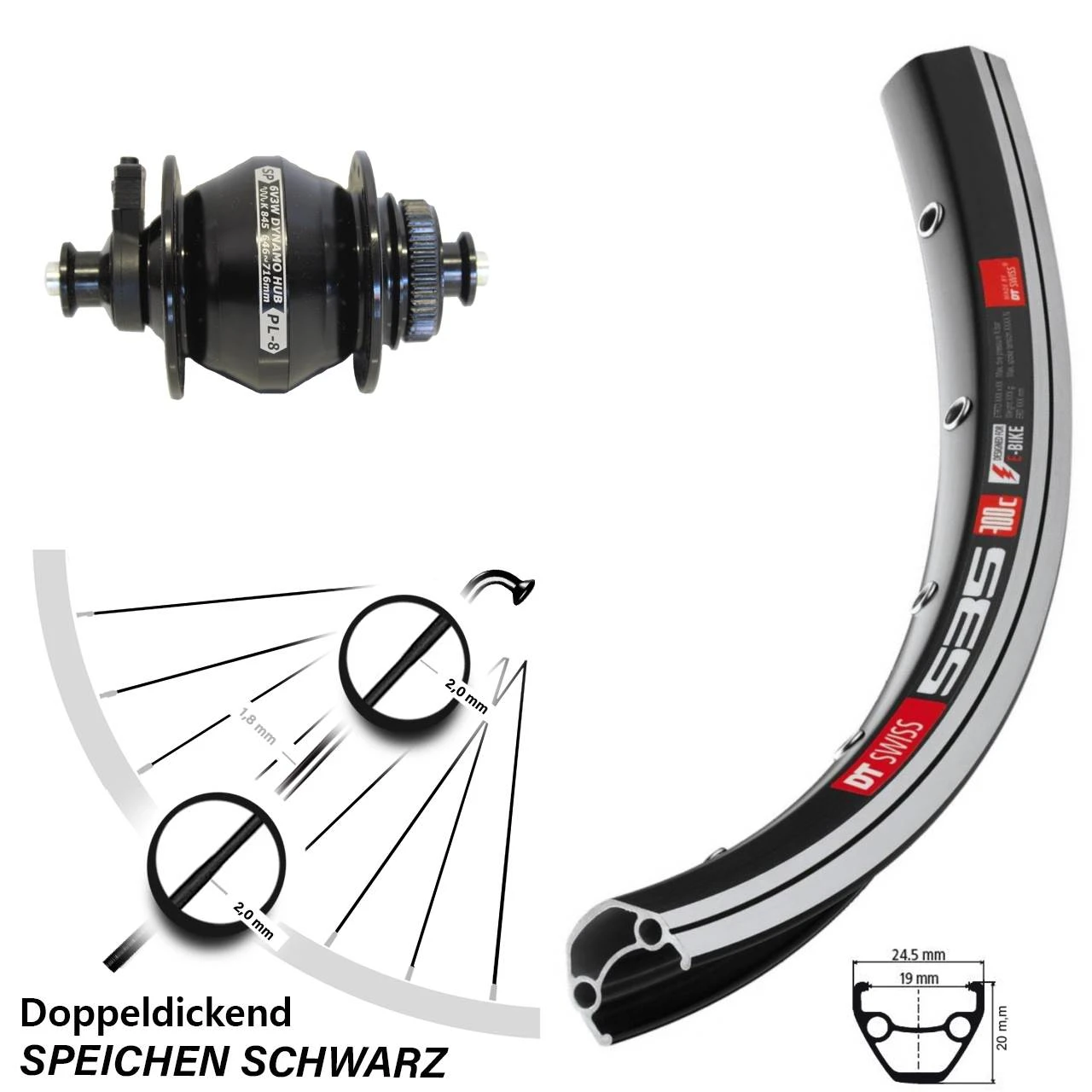Dt-swiss Vorderrad 28 Zoll Shutter Precision PL-8 Nabendynamo DT Swiss 535 3 Dt-swiss Vorderrad 28 Zoll Shutter Precision PL-8 Nabendynamo DT Swiss 535