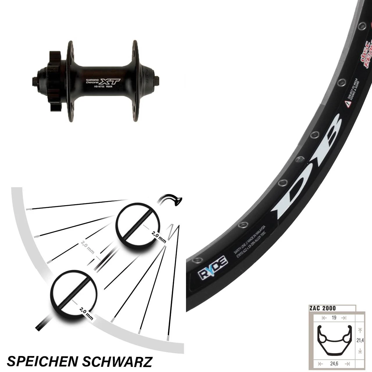 Vorderrad Fahrrad 28/29 Zoll Ryde Zac 2000 Shimano XT Disc 3 Vorderrad Fahrrad 28/29 Zoll Ryde Zac 2000 Shimano XT Disc